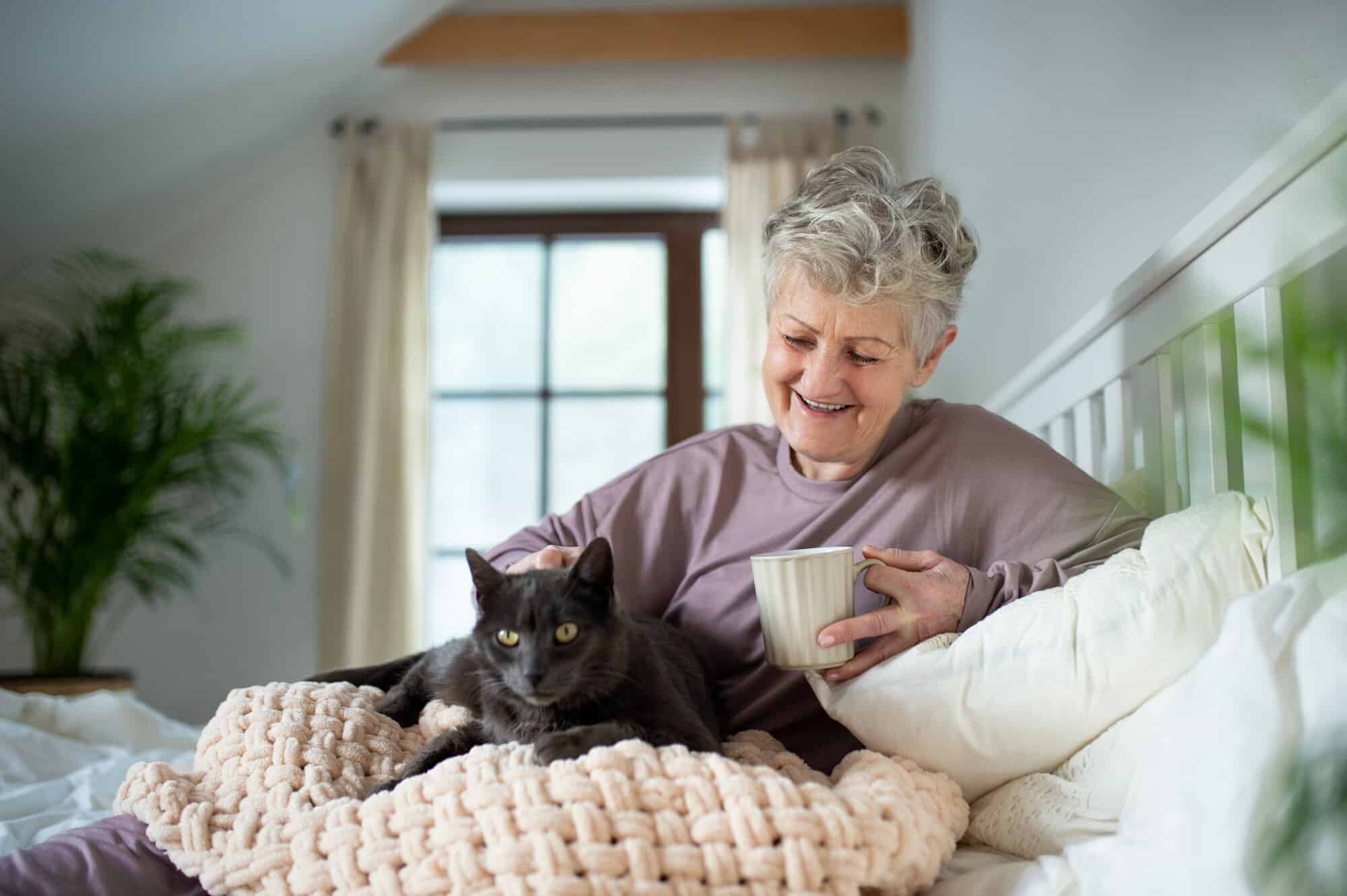 Happy,Senior,Woman,With,Cat,Resting,In,Bed,At,Home.